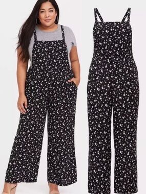 NWT Torrid Black Floral Crepe Wide Leg Overall Neon Ditsy Jumpsuit Boho